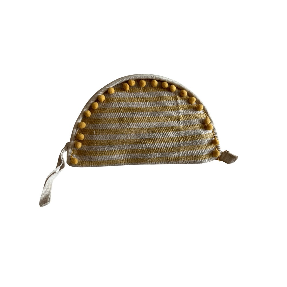 America & Beyond Yellow Striped Pom Pom Half Moon Clutch Makeup Bag Pouch